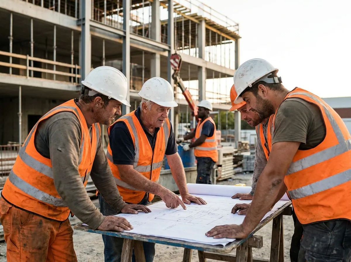 Handwerker im Baubetrieb bei der körperlichen Arbeit auf einer Baustelle