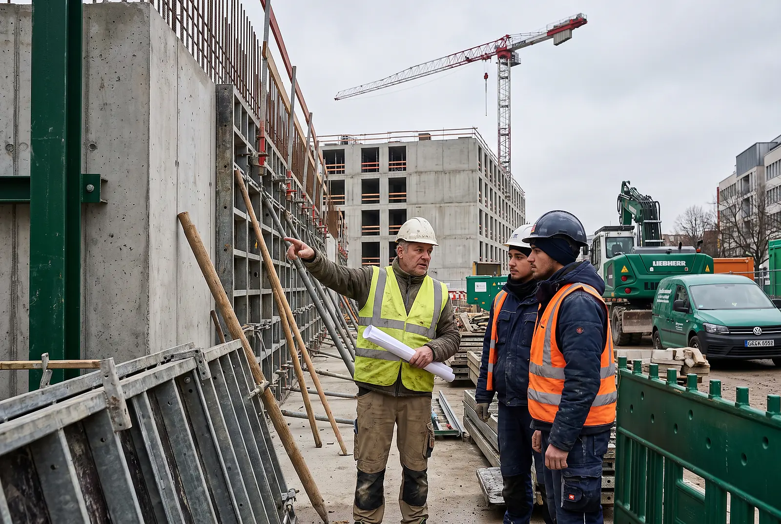 Polier bespricht den Rohbau mit zwei Bauarbeitern auf einer Baustelle