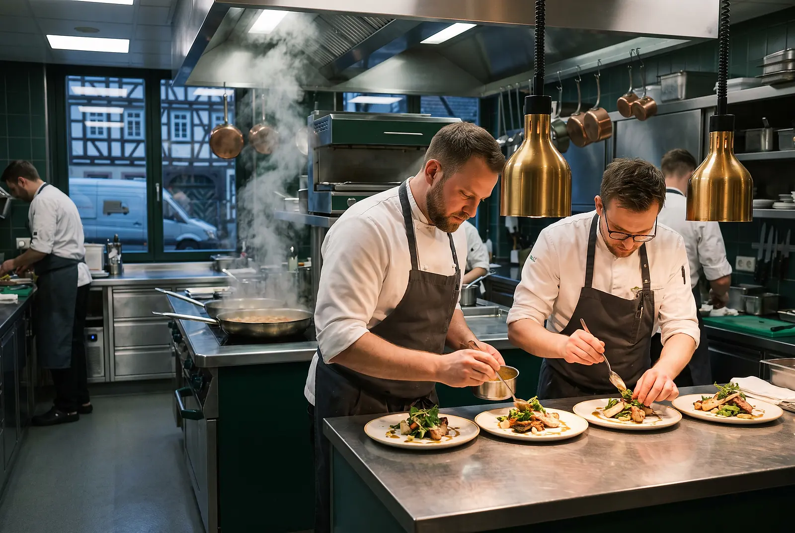 Zwei Köche richten während des Abendservice in einer Gastronomieküche an