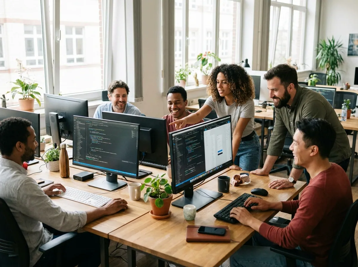 Softwareentwickler arbeitet konzentriert an Monitoren in einem modernen IT-Unternehmen