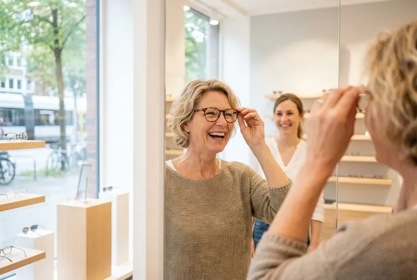 Mitarbeiterin mit Sehhilfe bei der konzentrierten Arbeit am Computerbildschirm