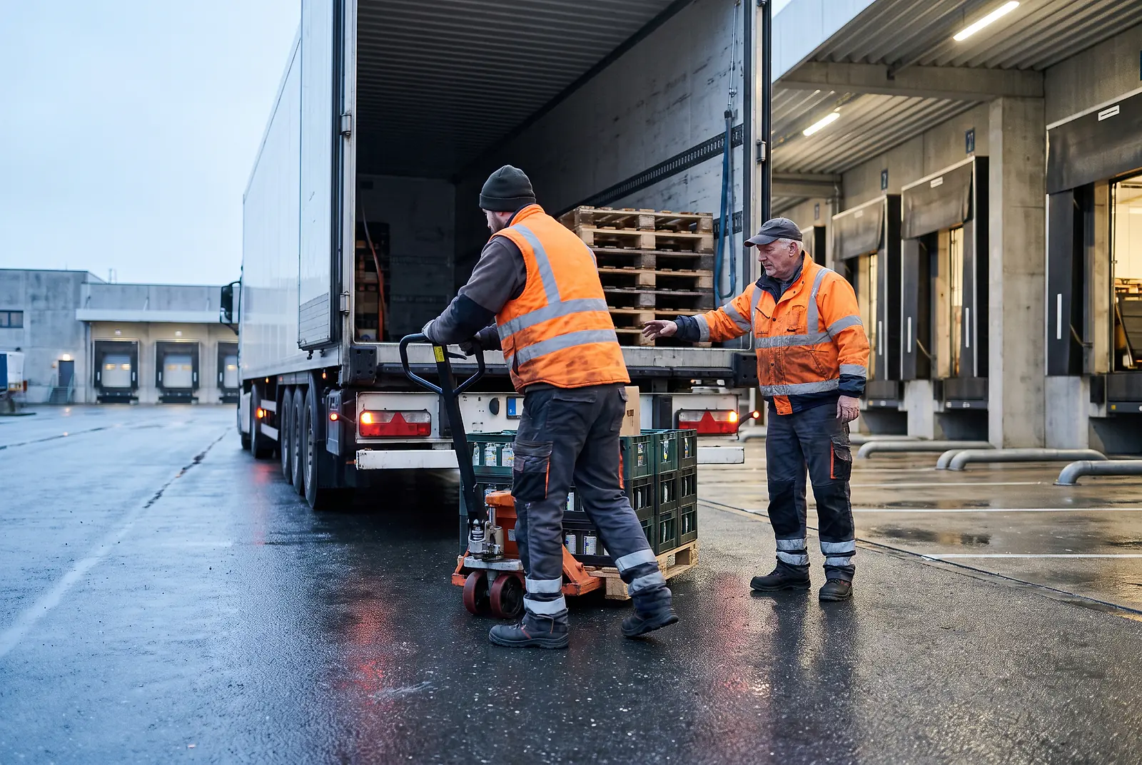 Logistiker verladen Paletten am Verladetor eines Logistikzentrums
