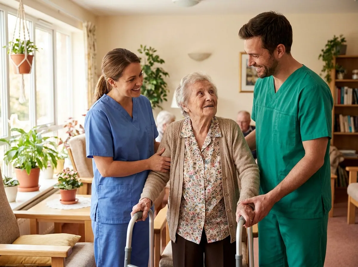 Pflegekraft im Gespräch mit einer Seniorin in einer modernen Pflegeeinrichtung
