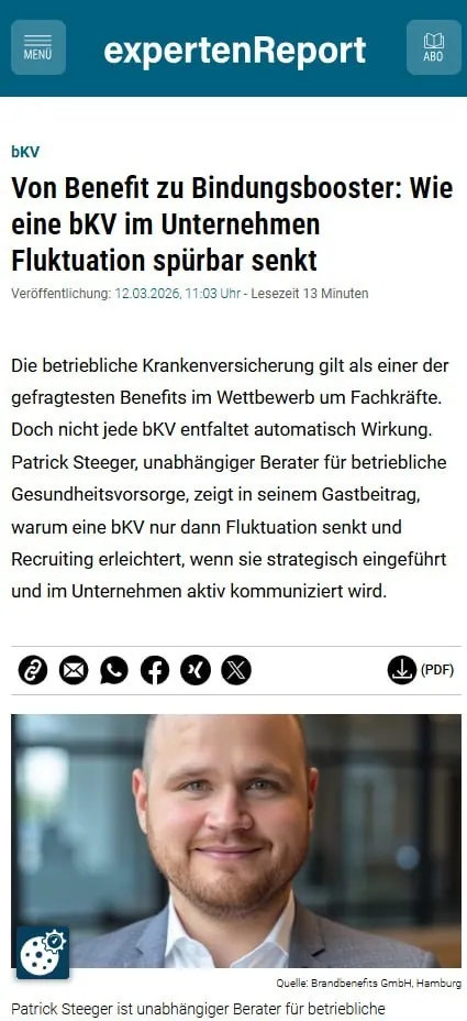 Gastbeitrag von Patrick Steeger im expertenReport darüber, wie eine bKV die Fluktuation senkt