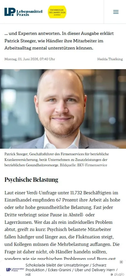 Patrick Steeger in der Lebensmittel Praxis über die mentale Entlastung von Mitarbeitern im Handel