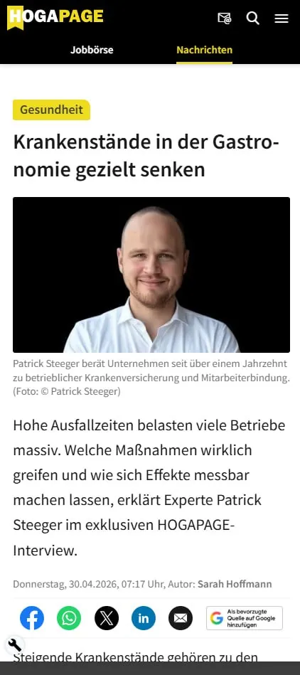Interview mit Patrick Steeger bei HOGAPAGE über niedrigere Krankenstände in der Gastronomie