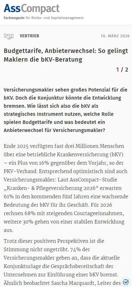 Fachbeitrag im AssCompact über Budgettarife und Anbieterwechsel in der bKV-Beratung