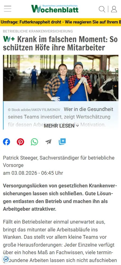 Patrick Steeger im Bayerischen Landwirtschaftlichen Wochenblatt über Gesundheitsschutz auf Höfen