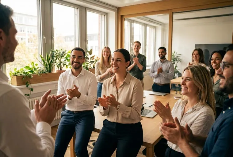 Teamleiter erklärt seinen Mitarbeitern im Büro die Vorteile der betrieblichen Krankenversicherung
