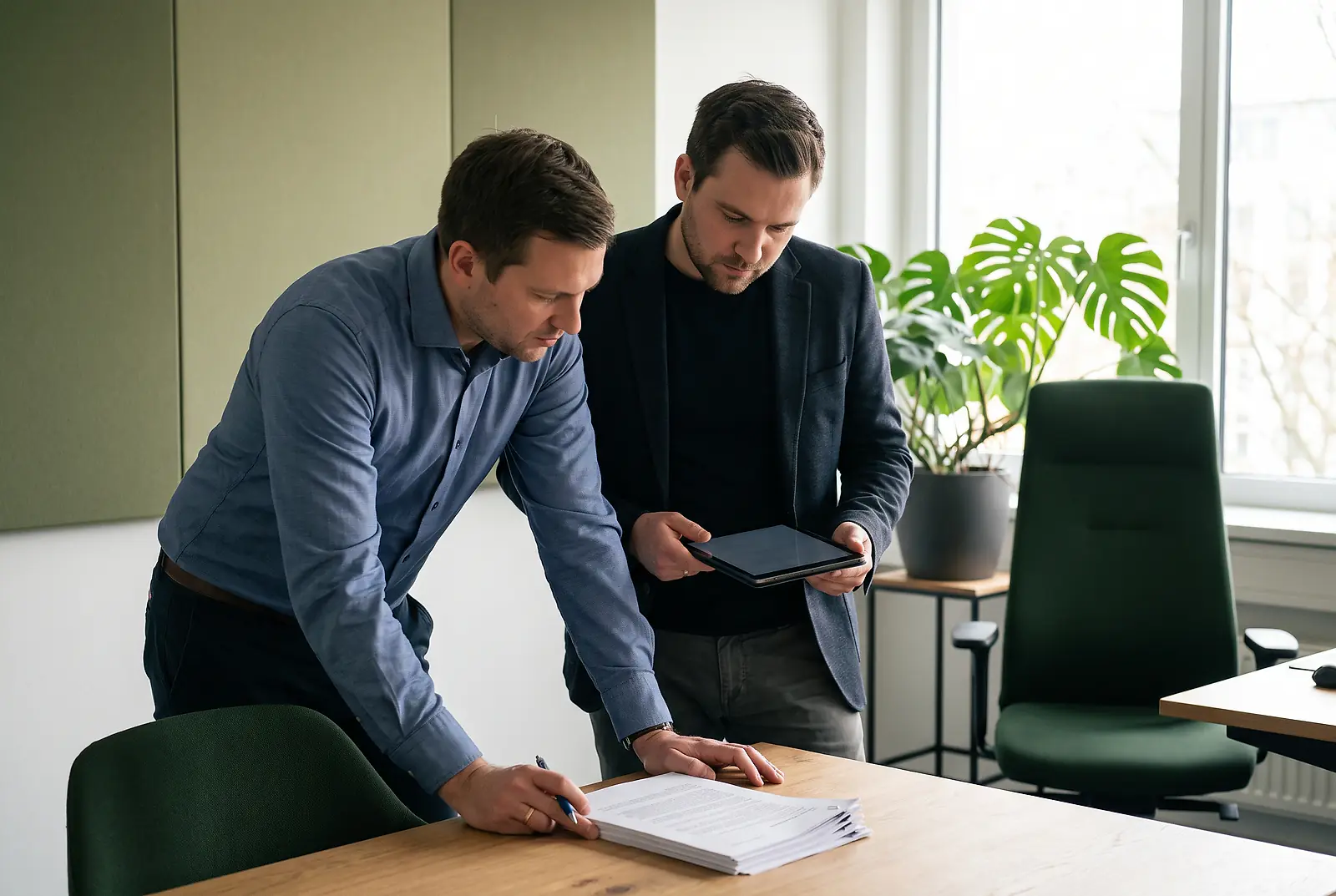 Zwei Kollegen stehen am Schreibtisch und gehen einen Stapel ausgedruckter Unterlagen durch