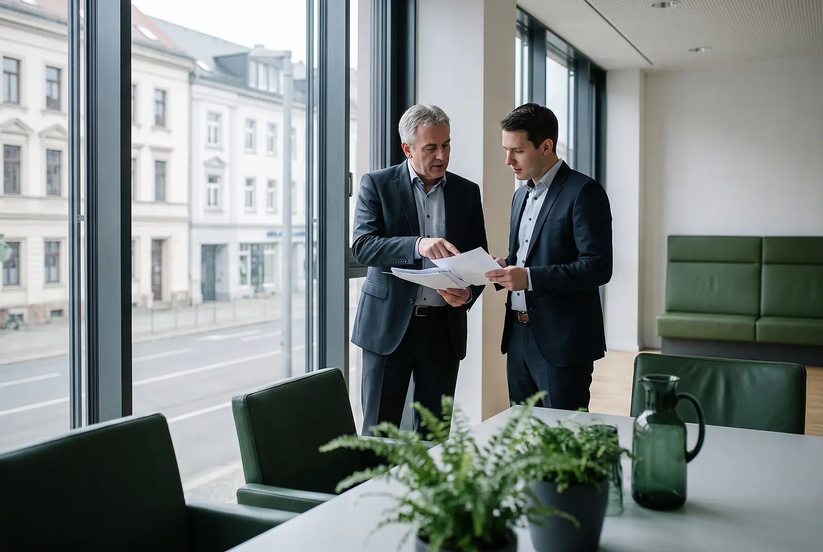Zwei Verwaltungsangestellte besprechen Dokumente zur bKV nach TVöD am Fenster eines Amtsgebäudes