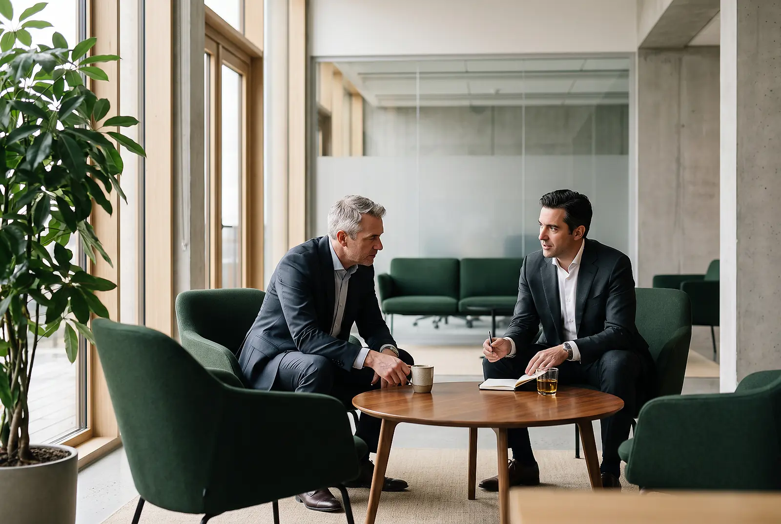 Zwei Unternehmer besprechen in einer Bürolounge Regelungen zur bKV bei beruflichen Auszeiten