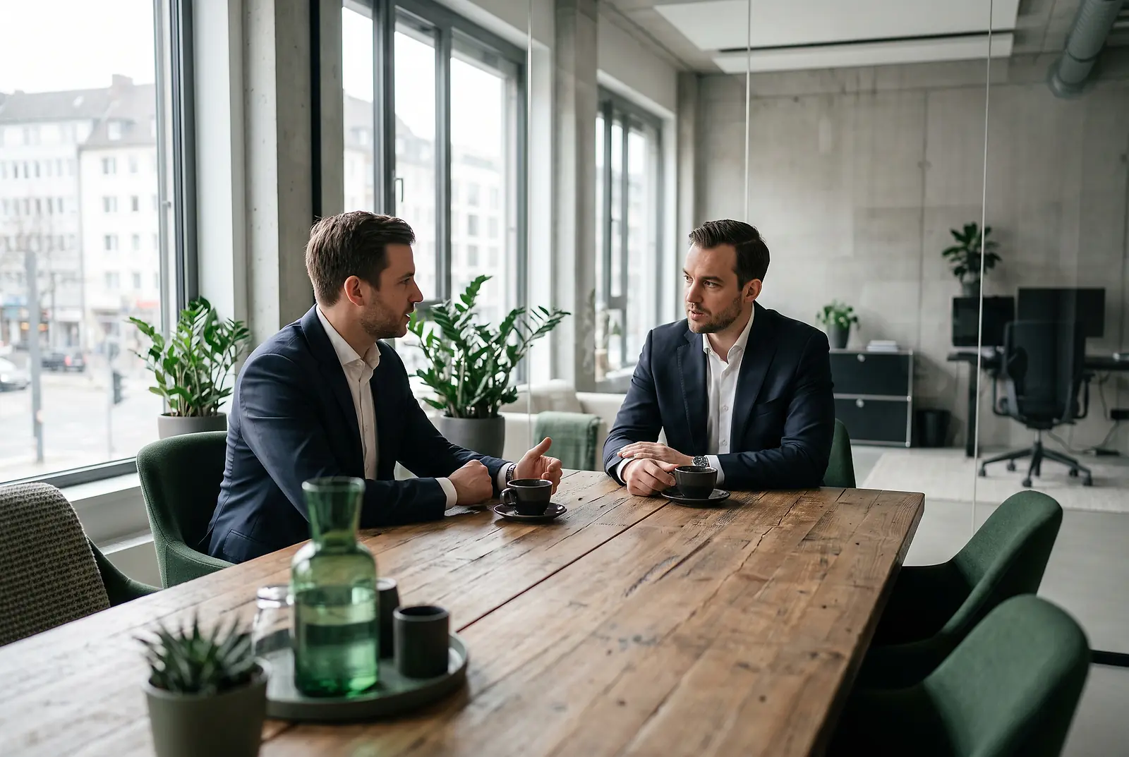 Zwei Unternehmer analysieren am Konferenztisch bei Kaffee die Verbreitung der bKV in Deutschland
