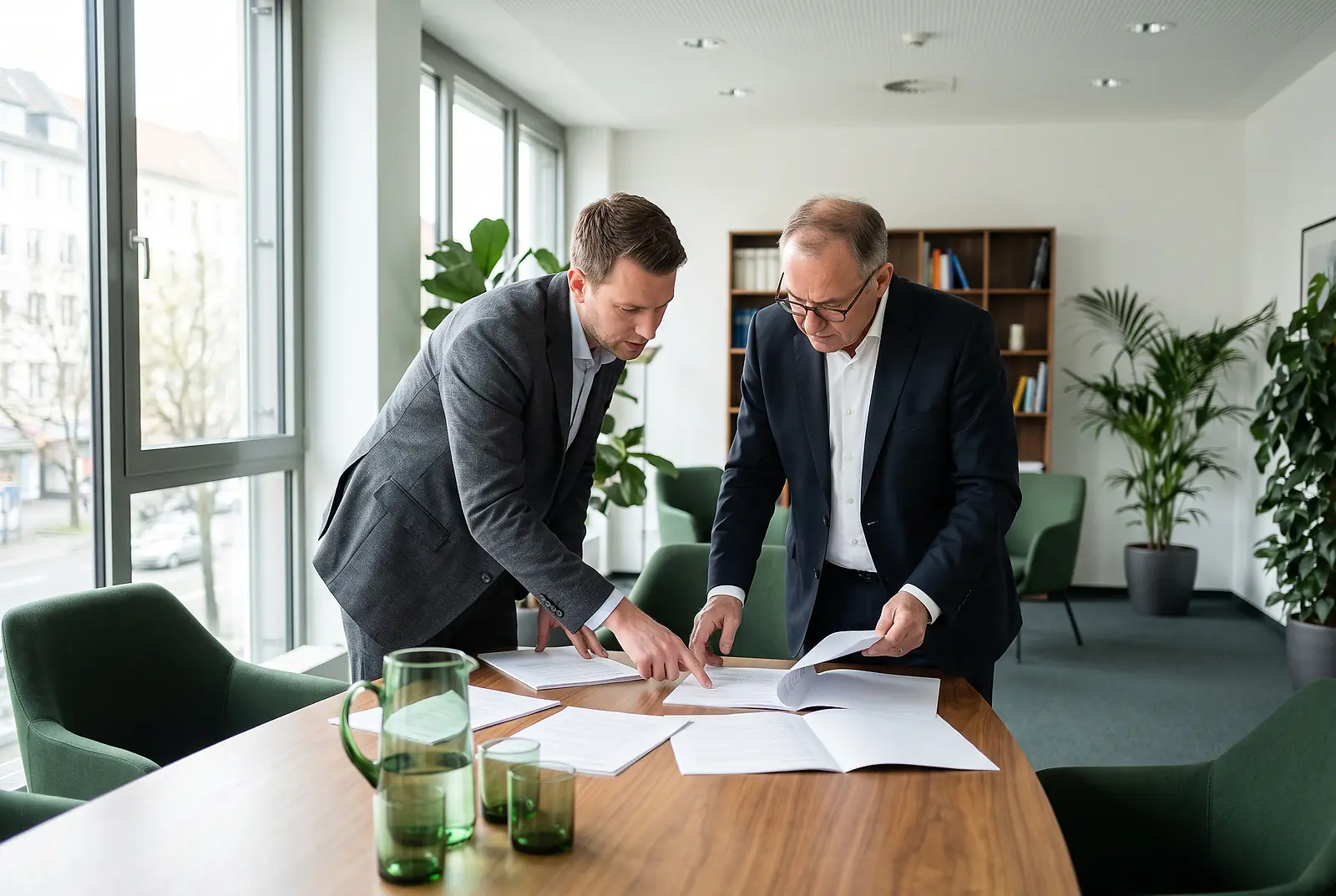 Zwei Führungskräfte prüfen im Besprechungsraum Vertragsunterlagen zur Gleichbehandlung in der bKV