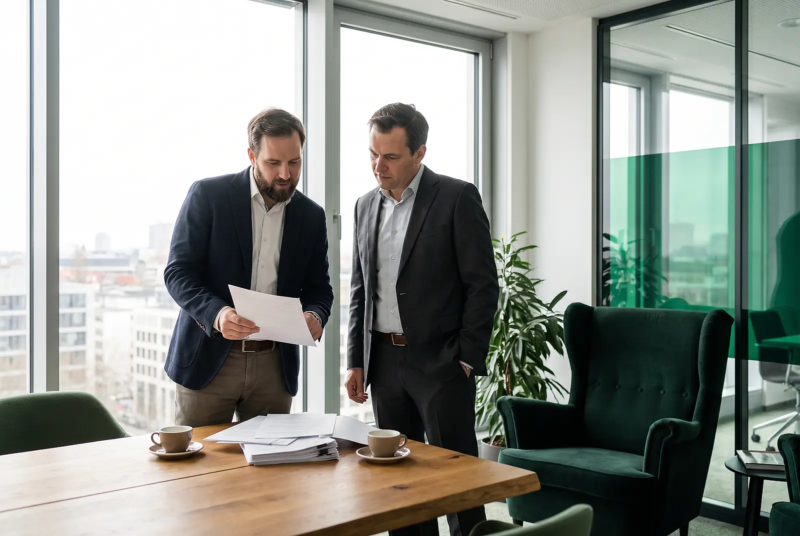 Zwei Geschäftsführer prüfen am Bürofenster Dokumente zu den Arbeitgeberkosten einer bKV