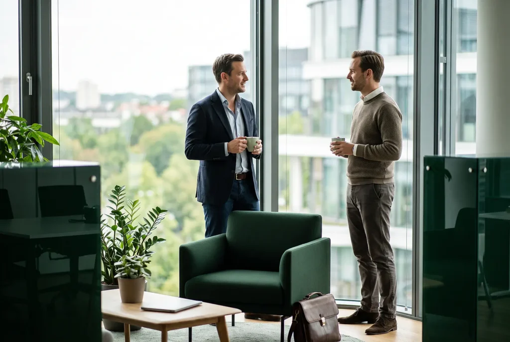 Zwei Kollegen unterhalten sich in einer Bürolounge am Fenster über Leistungen der bKV