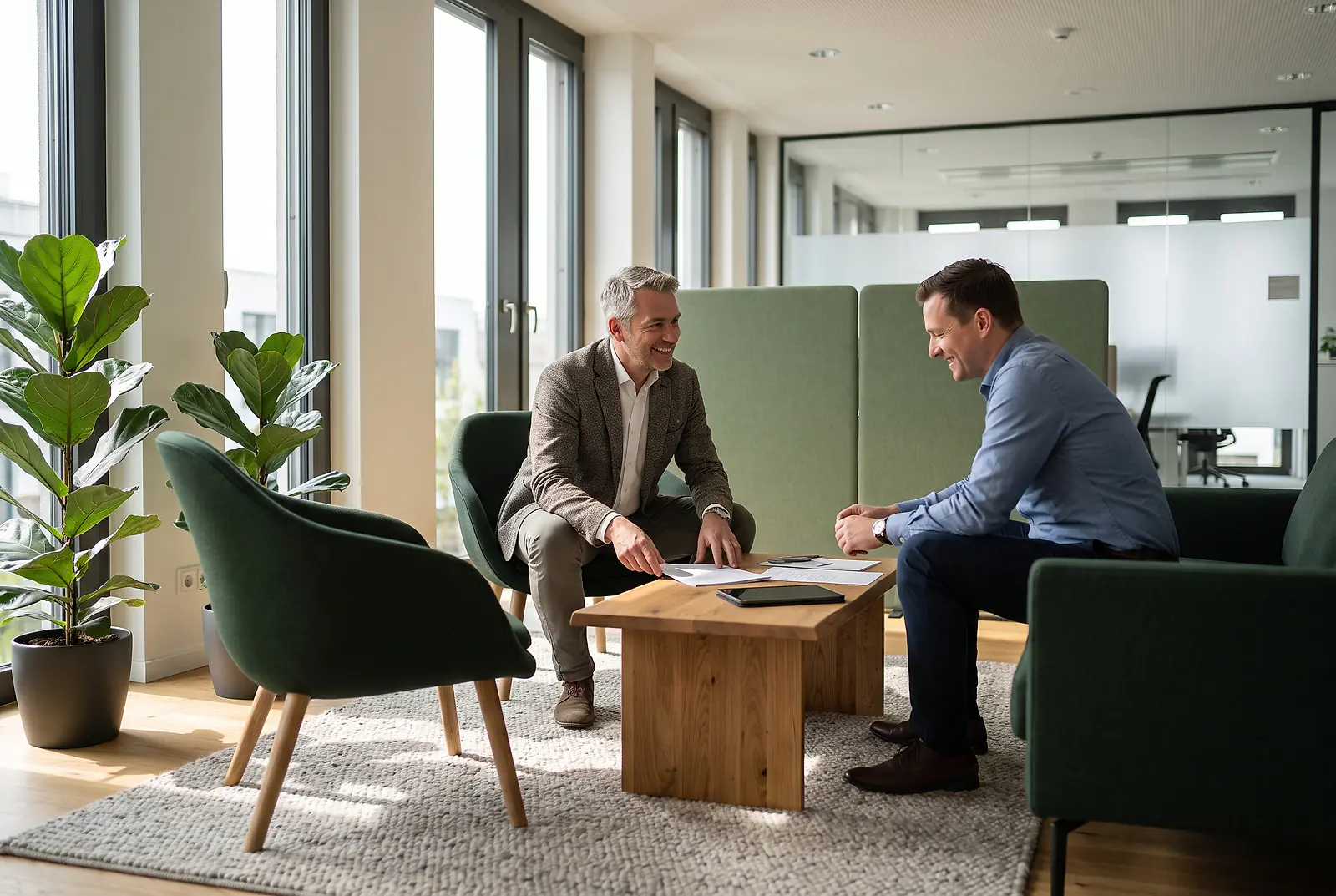 Ein älterer Mitarbeiter spricht in der Bürolounge mit einem Berater über den Erhalt der bKV beim Renteneintritt