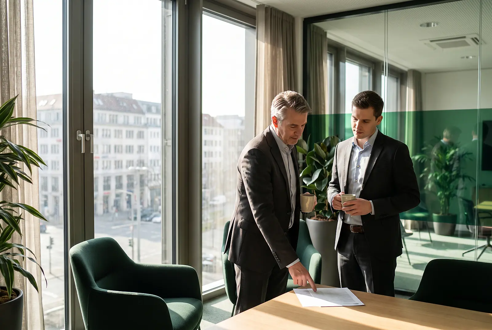 Zwei Unternehmer besprechen im sonnigen Konferenzraum bei einem Kaffee die Einführung einer betrieblichen Krankenversicherung