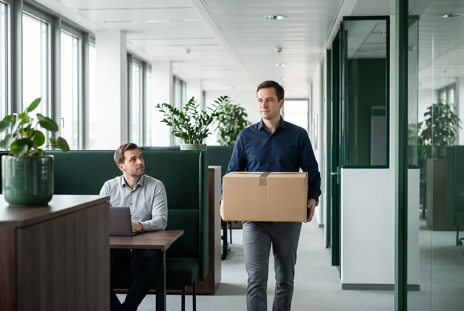 Ein IT-Spezialist trägt im Büroflur einen Umzugskarton an einem Arbeitskollegen vorbei