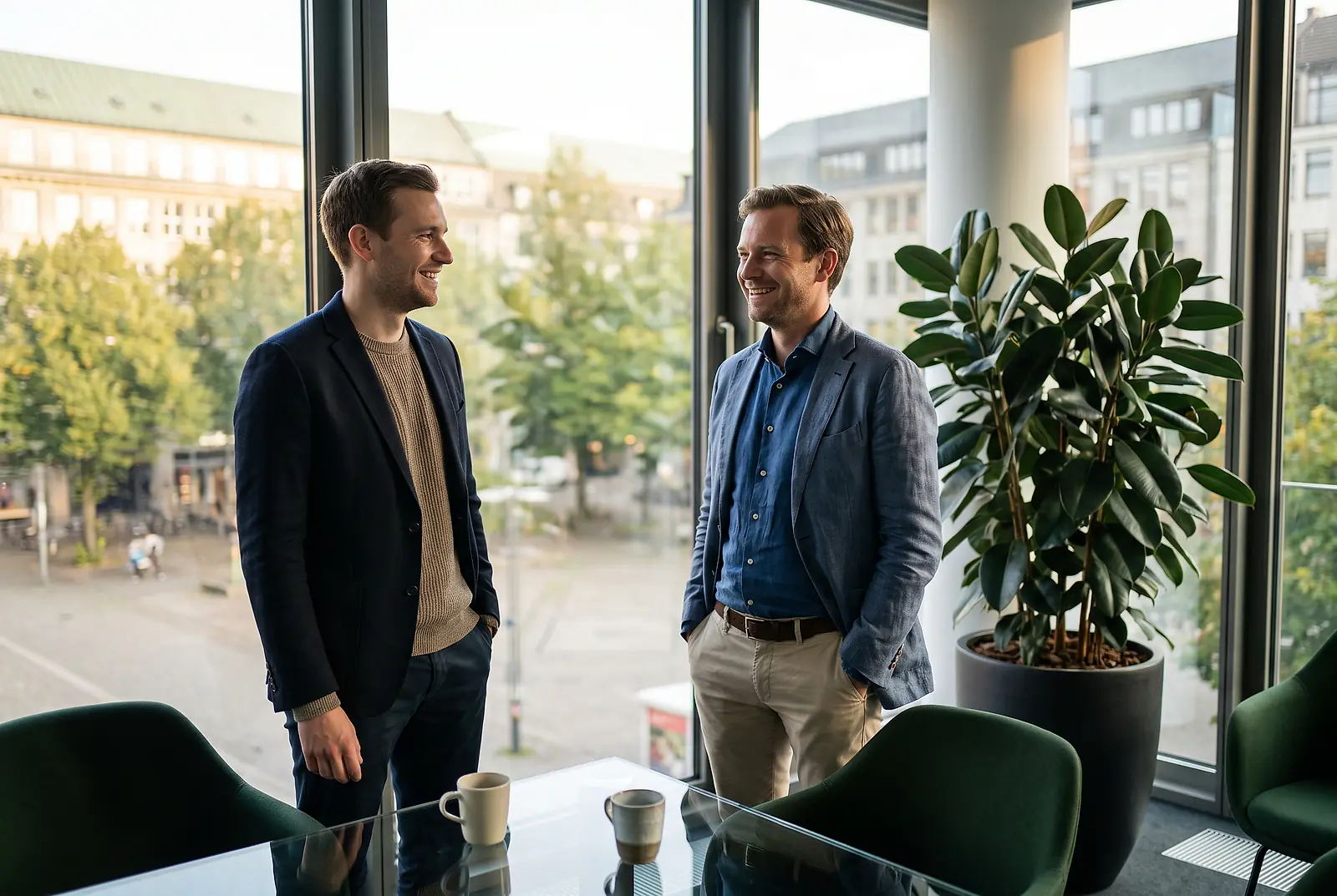 Zwei erleichterte Mitarbeiter unterhalten sich am Bürofenster über den Wegfall der Gesundheitsprüfung in der bKV