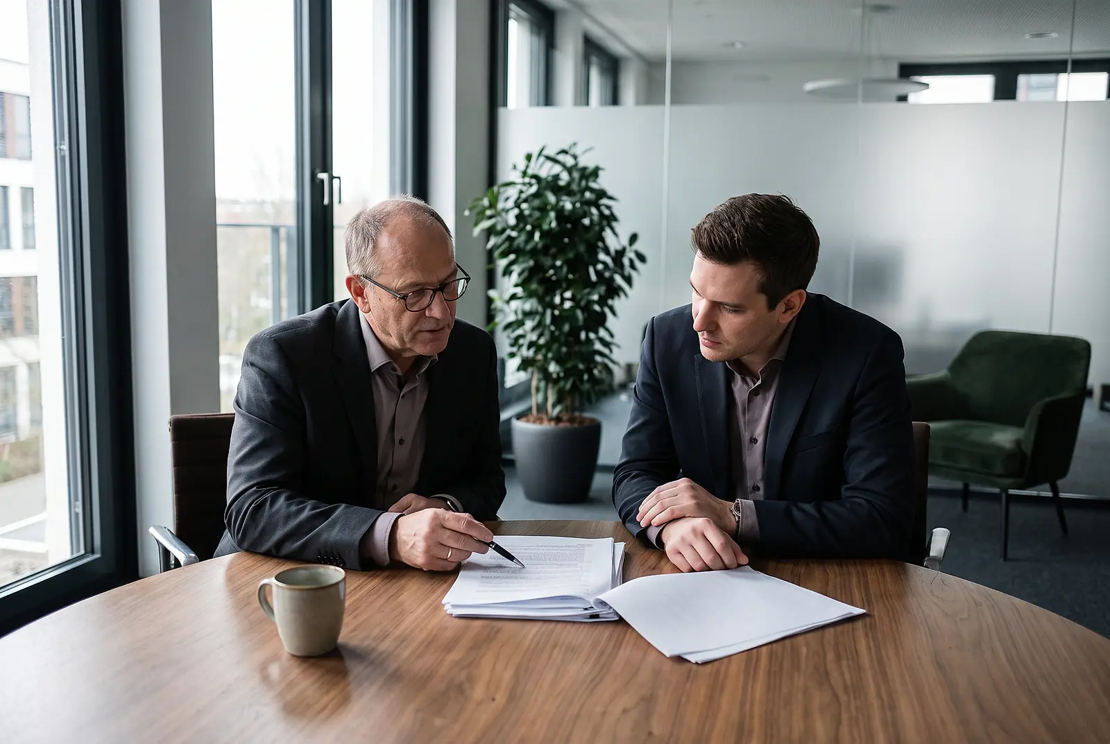 Zwei Geschäftsführer prüfen am Konferenztisch vertragliche Dokumente zur Pfändbarkeit von bKV-Beiträgen