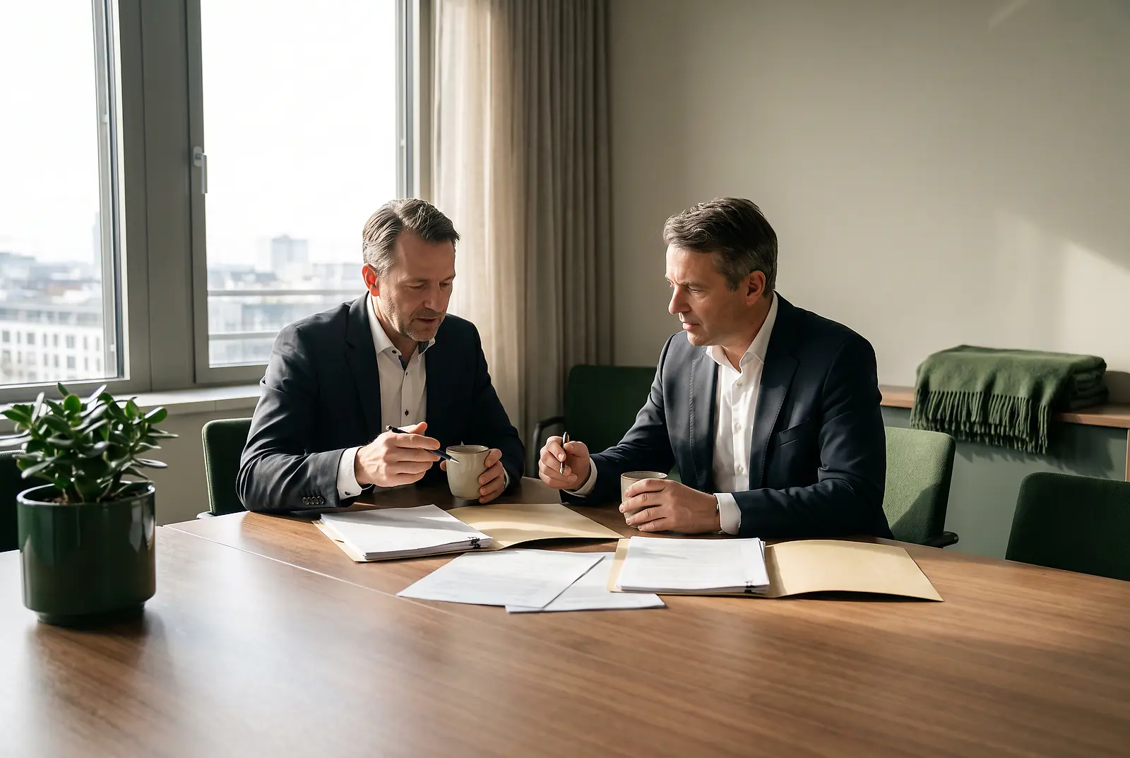 Zwei Unternehmer besprechen steuerliche Unterlagen zur betrieblichen Krankenversicherung am Konferenztisch