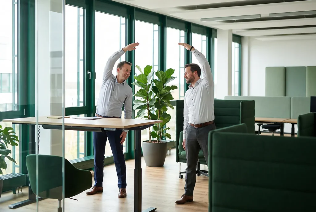 Zwei Mitarbeiter führen im Büro Dehnübungen für einen gesunden Rücken im Rahmen steuerfreier BGM-Leistungen aus