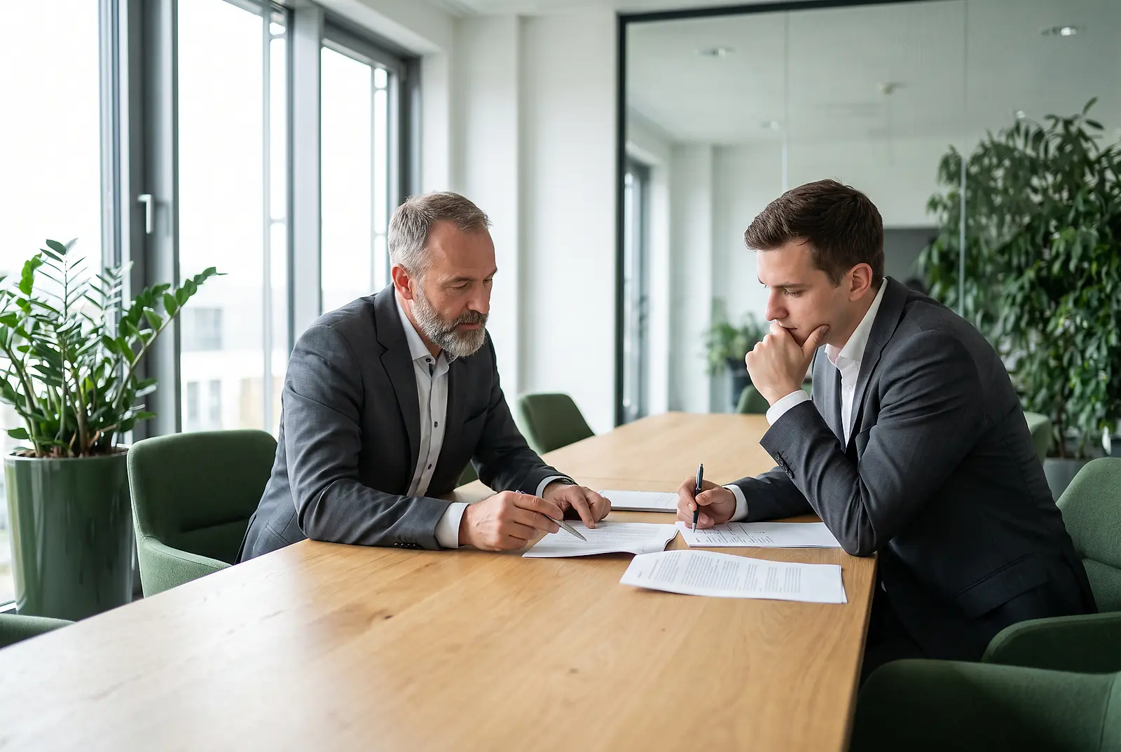 Zwei Unternehmer prüfen am Konferenztisch Vertragsunterlagen zur Kostenübernahme einer bKV