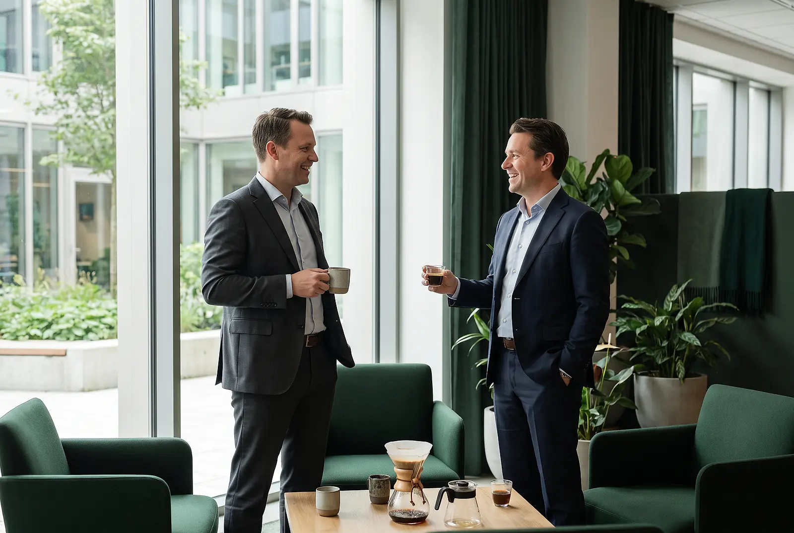 Zwei Geschäftsleute im Anzug trinken Kaffee und unterhalten sich gut gelaunt in einer grünen Firmenlounge
