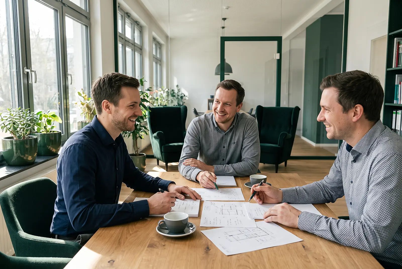 Drei Kollegen in einem kleinen Team besprechen lächelnd Notizen am Holztisch im modernen Büro