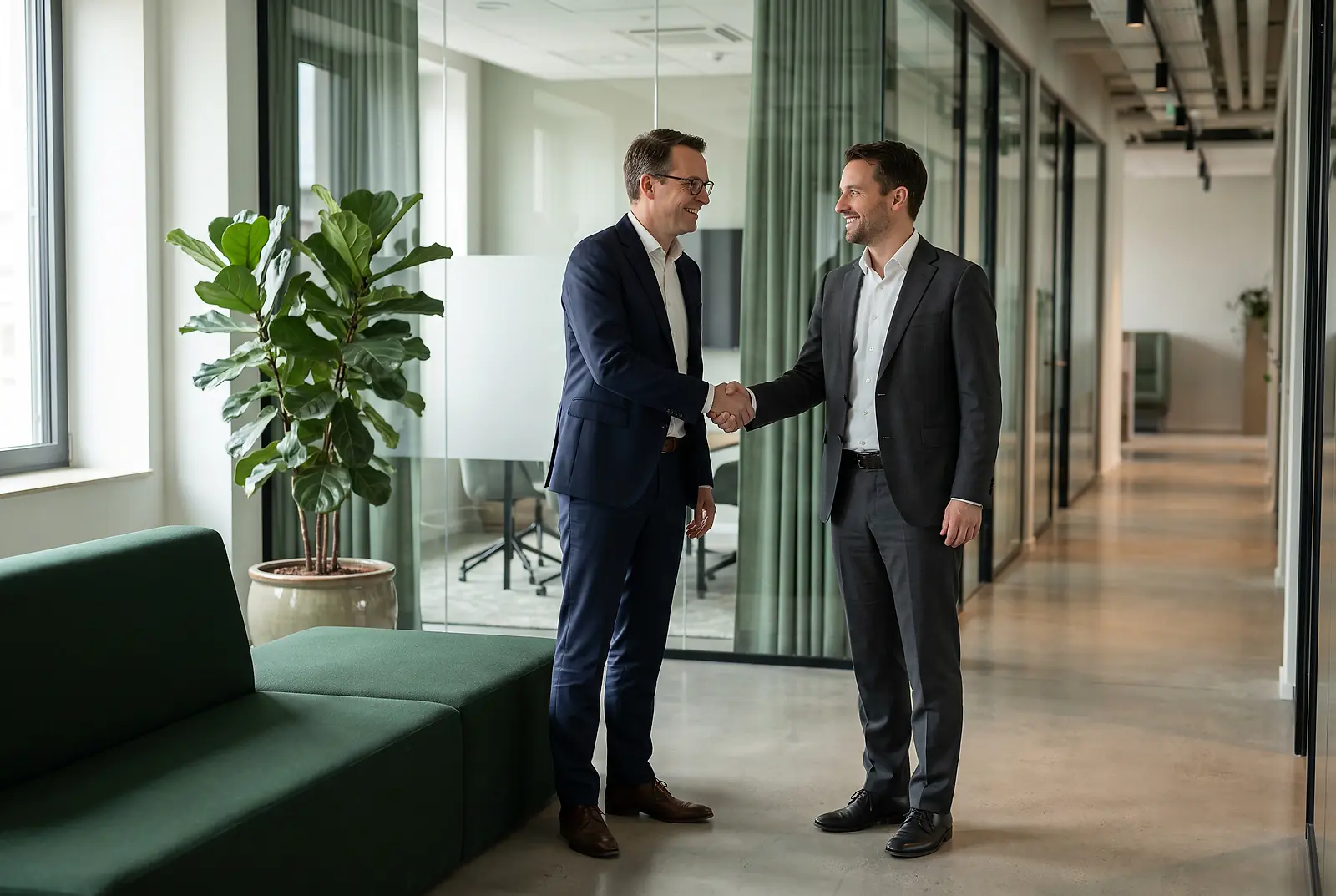Zwei Geschäftspartner geben sich im Büroflur nach einem erfolgreichen Mitarbeitergespräch die Hand