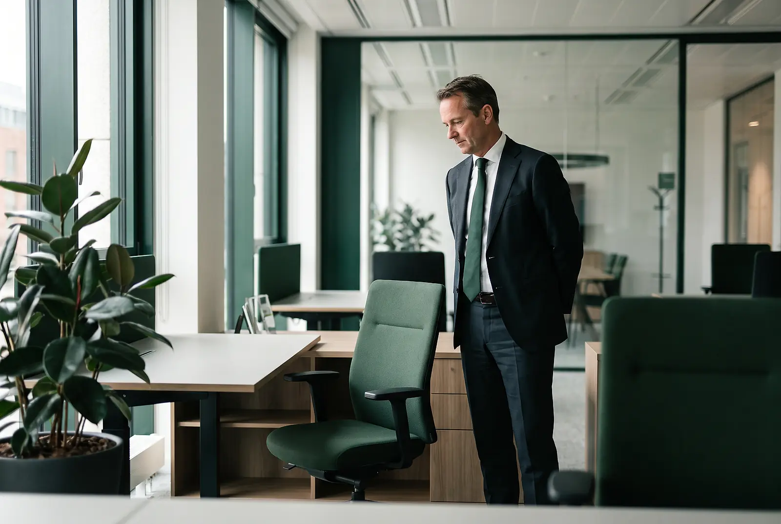 Ein Unternehmer im Anzug betrachtet nachdenklich einen leeren Arbeitsplatz im modernen Büro