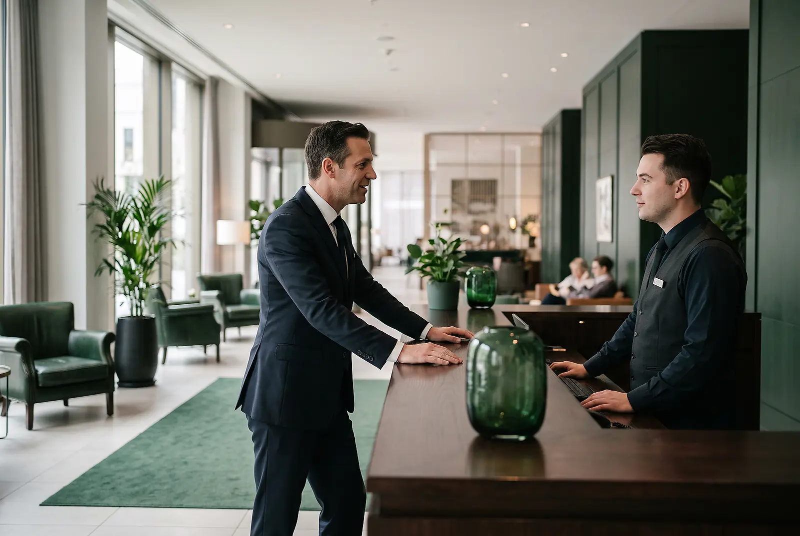 Hoteldirektor im feinen Anzug führt ein motivierendes Gespräch mit dem Rezeptionist am Holzcounter