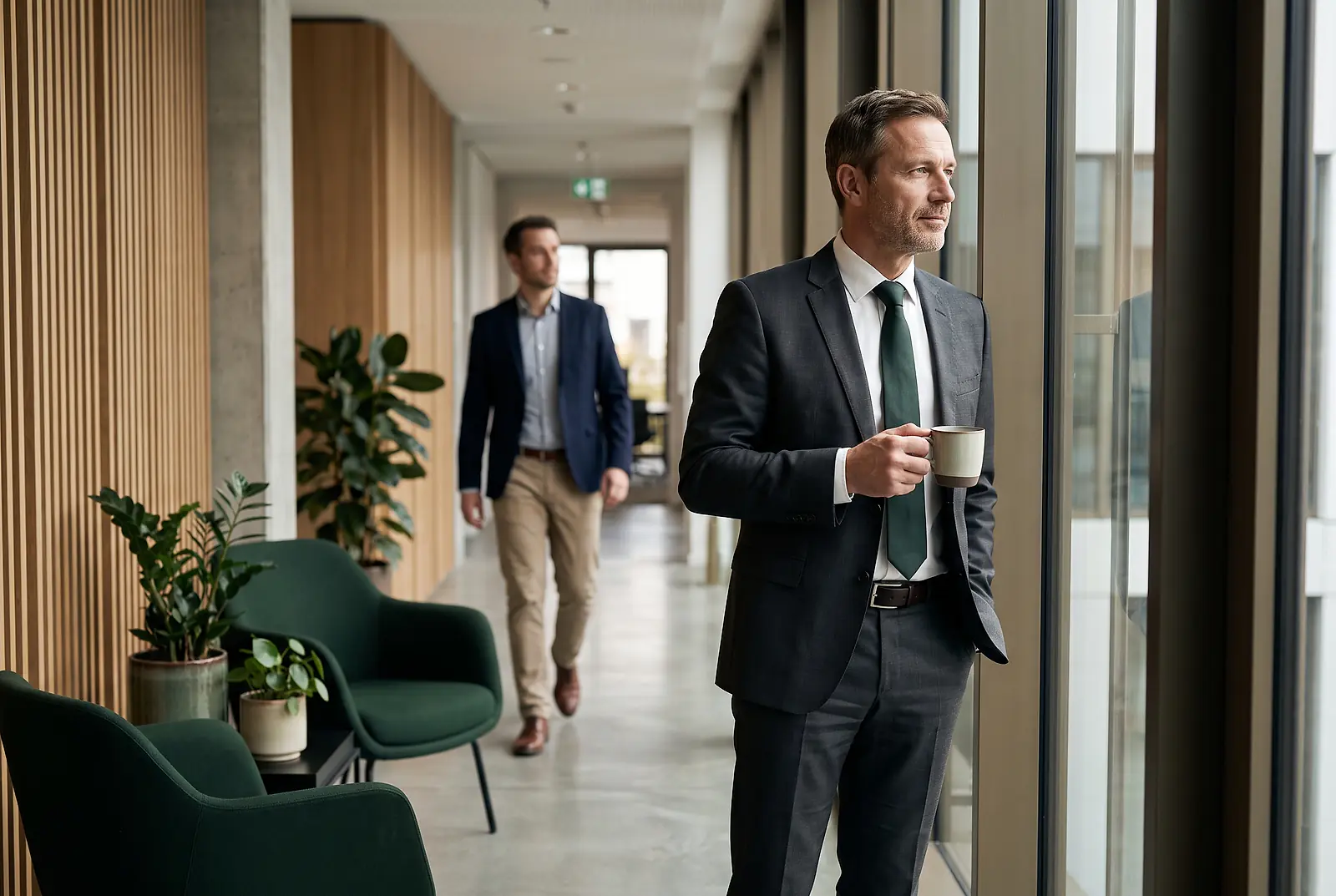 Geschäftsmann im Anzug steht mit einer Kaffeetasse nachdenklich am Fenster eines modernen Büroflurs
