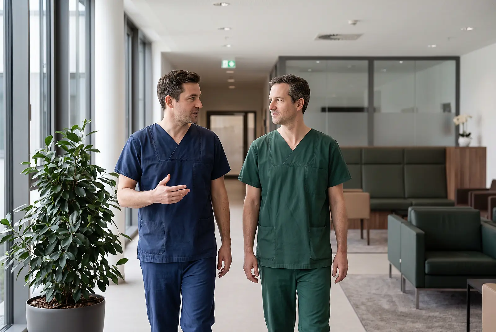 Zwei Ärzte in Kasacks tauschen sich während ihrer Schicht auf dem hellen Krankenhausflur kollegial aus
