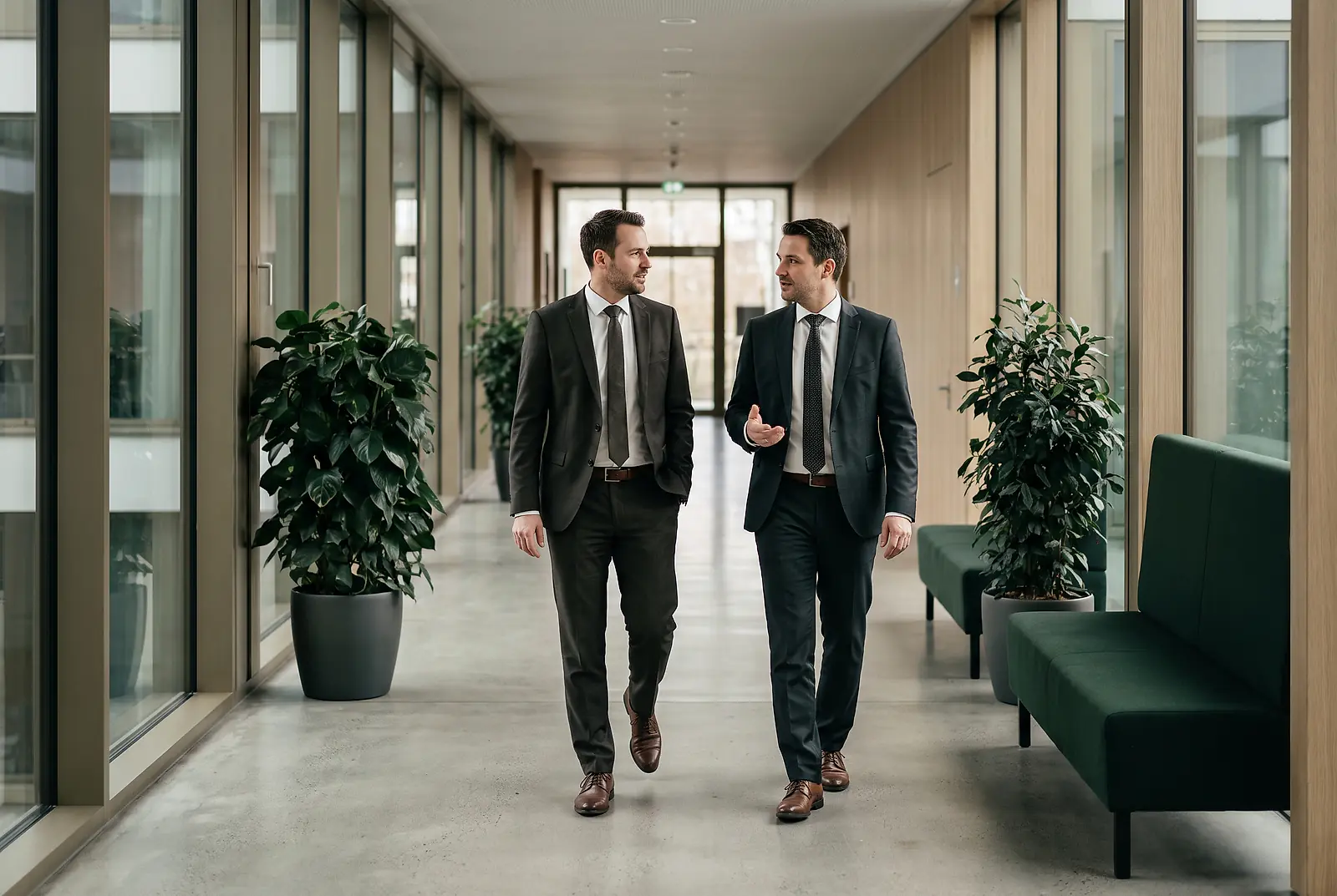 Zwei Angestellte im Business-Outfit im Gespräch auf dem Flur eines modernen Verwaltungsgebäudes im öffentlichen Dienst