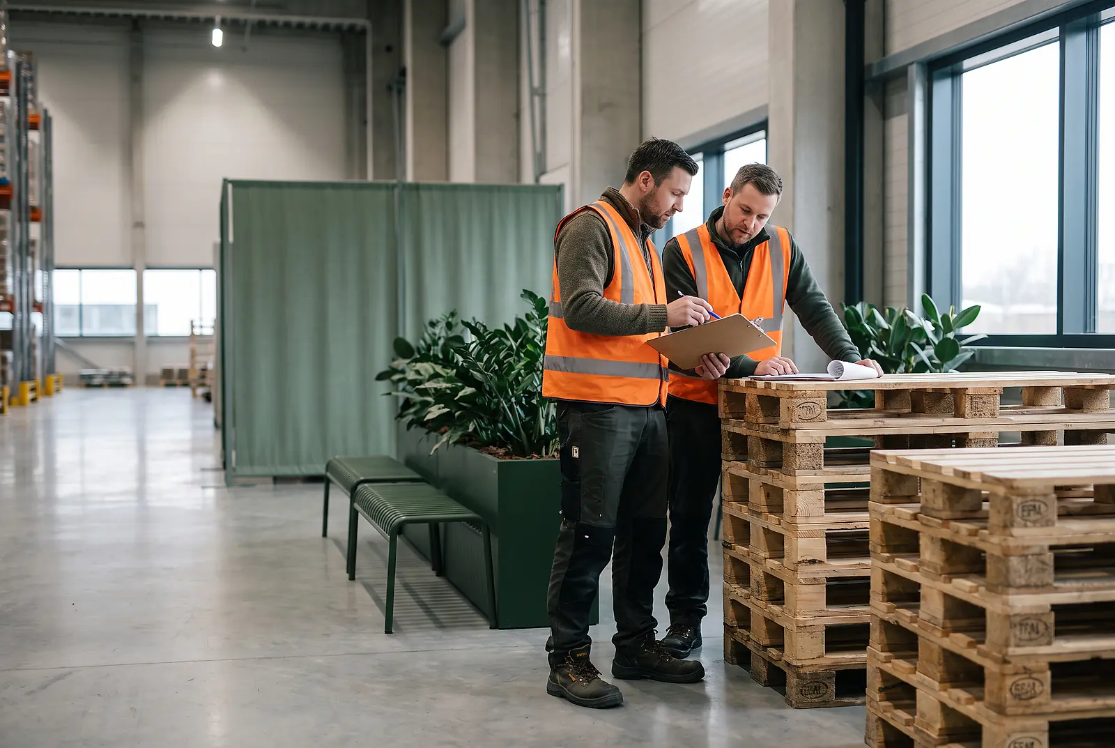 Zwei Logistikmitarbeiter mit Warnwesten besprechen Unterlagen an Holzpaletten im Lager