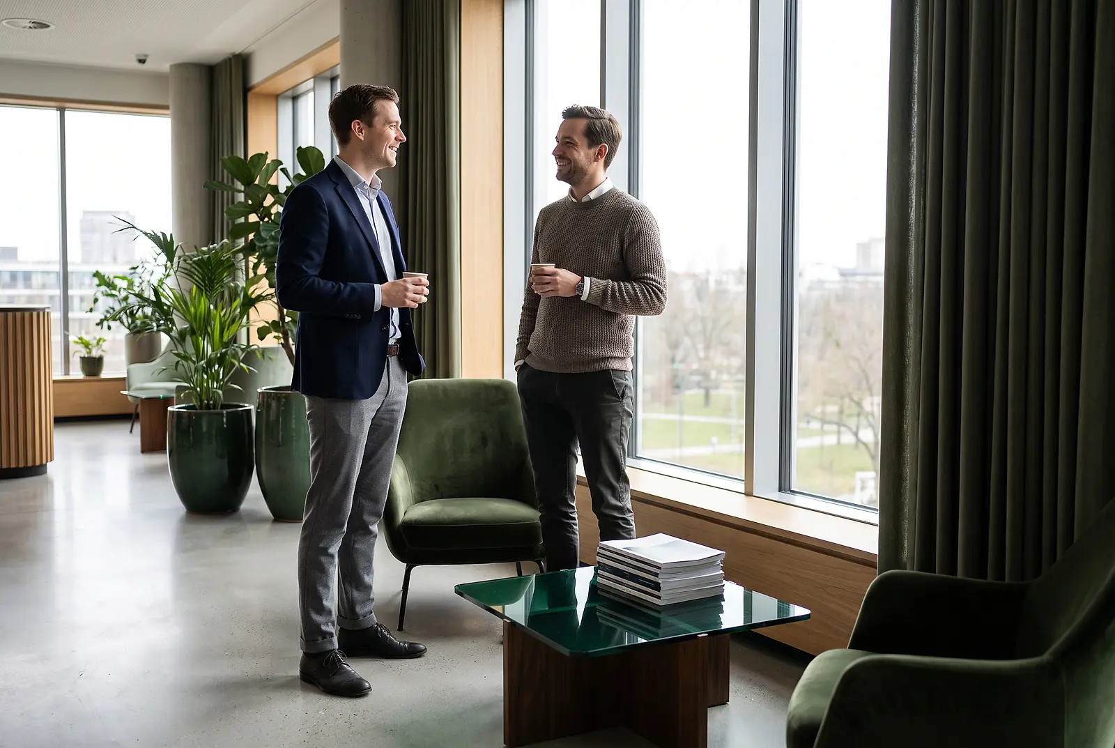 Zwei Kollegen diskutieren in einer modernen Bürolounge über Gehaltserhöhungen und bKV-Vorteile