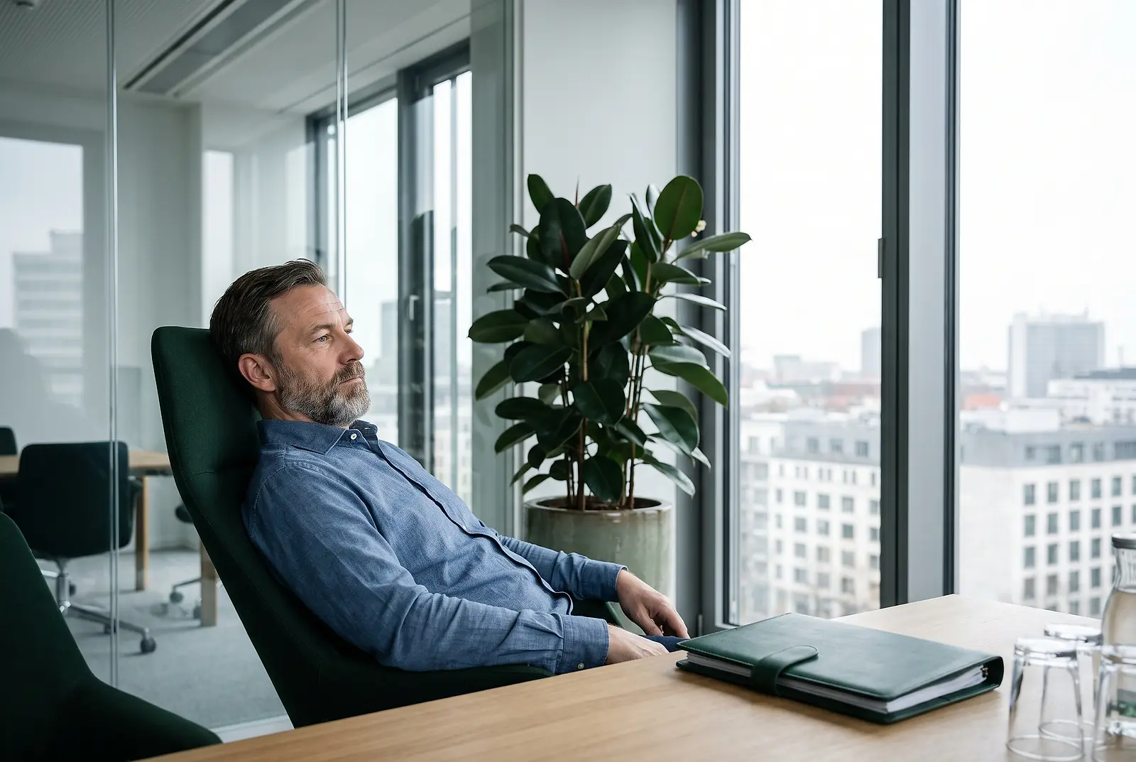 Ein unmotivierter Mitarbeiter sitzt im Bürostuhl am Schreibtisch und schaut nachdenklich aus dem Fenster