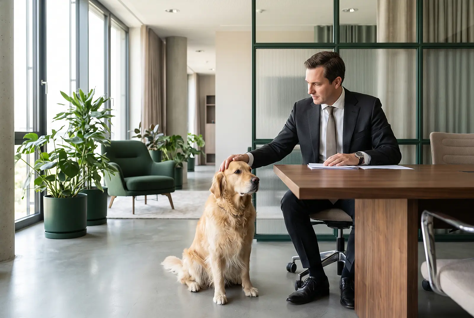 Ein Angestellter krault im modernen Büro am Schreibtisch einen Hund als Zeichen tierfreundlicher Benefits