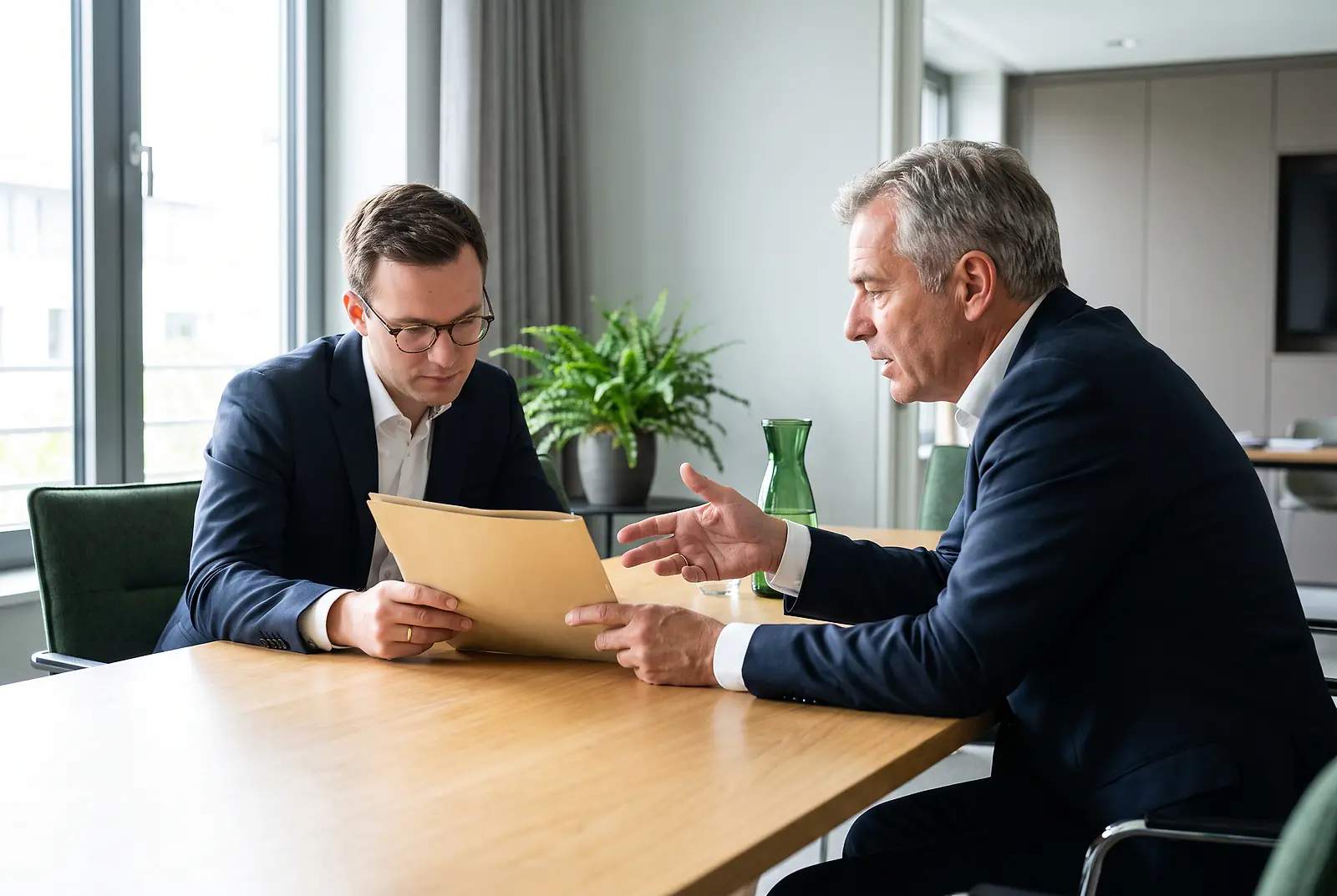 Zwei Unternehmer besprechen im Besprechungsraum Vertragsunterlagen zur betrieblichen Übung bei der bKV
