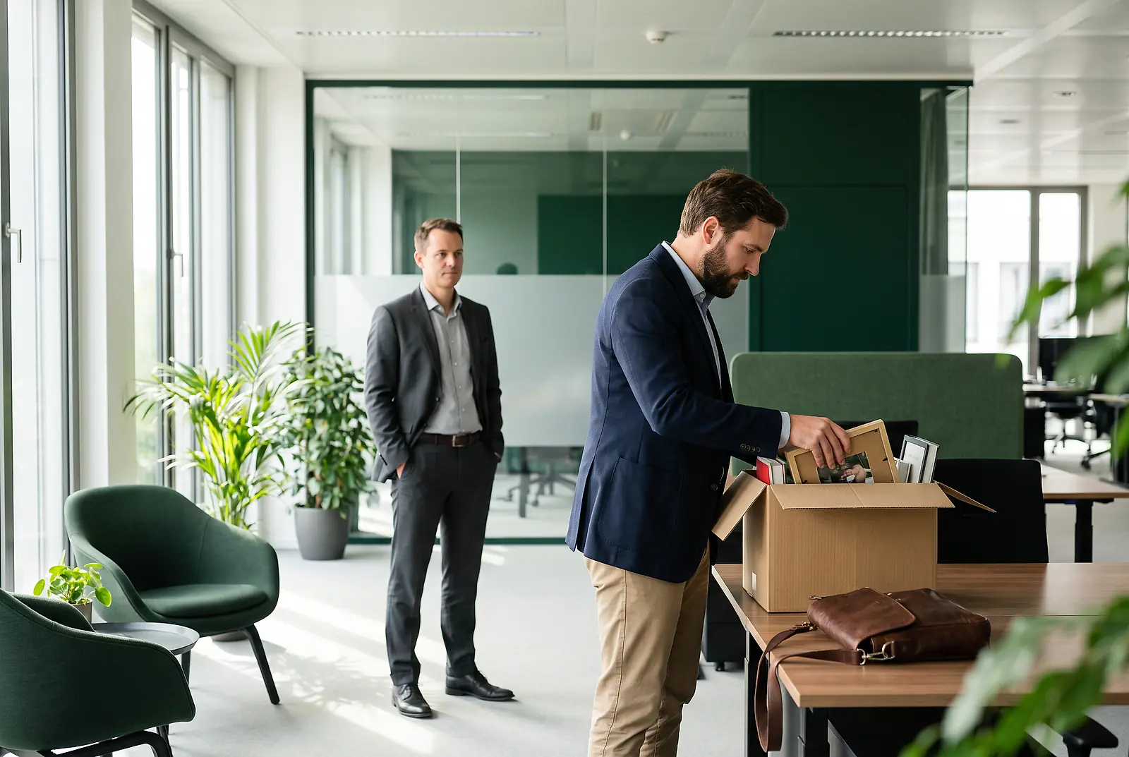 Ein Vertriebsmitarbeiter packt bei einem Jobwechsel persönliche Sachen im Großraumbüro in einen Karton