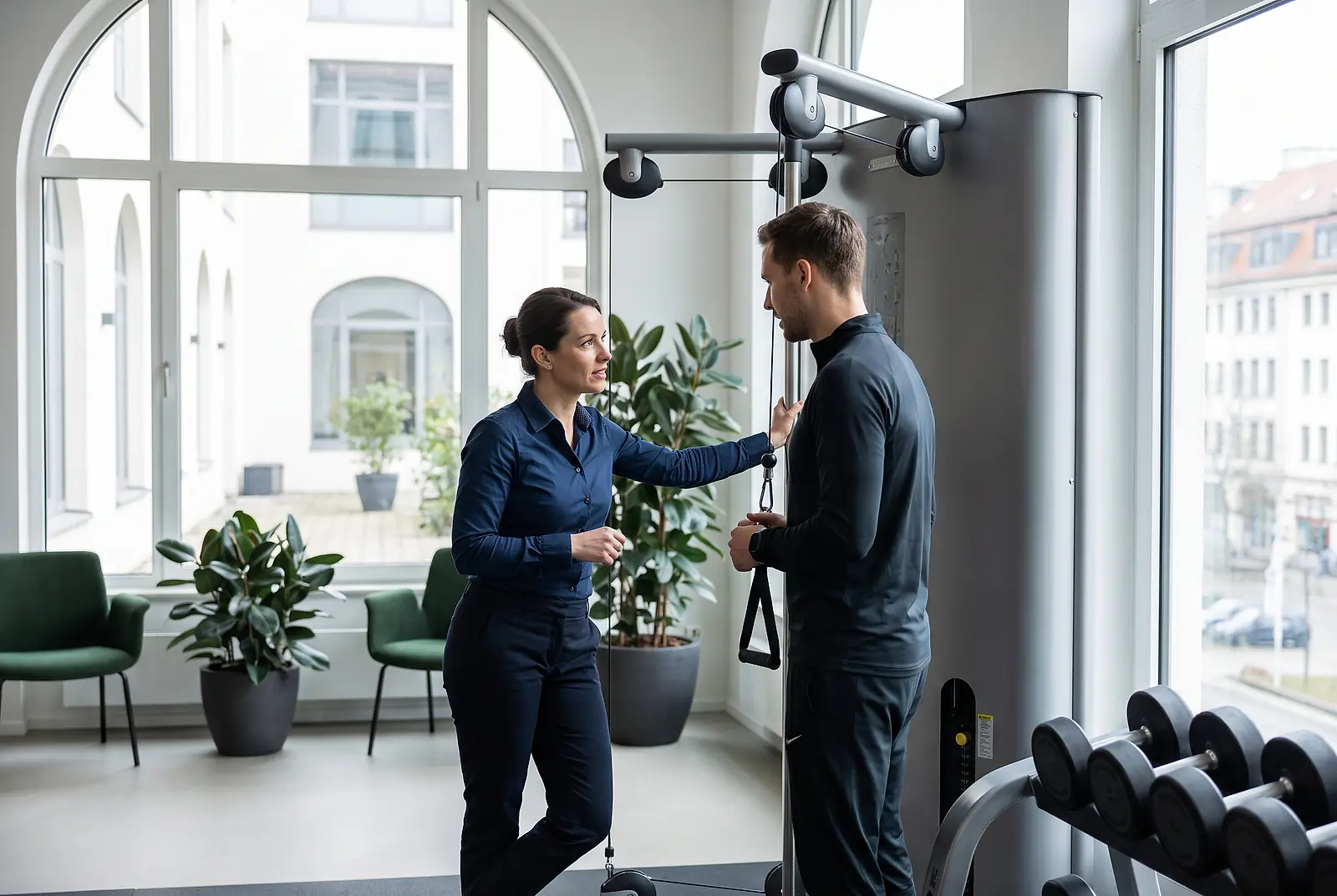Ein Studioleiter bespricht im Fitnessstudio Personalfragen und Mitarbeiterbindung mit einem Fitnesstrainer