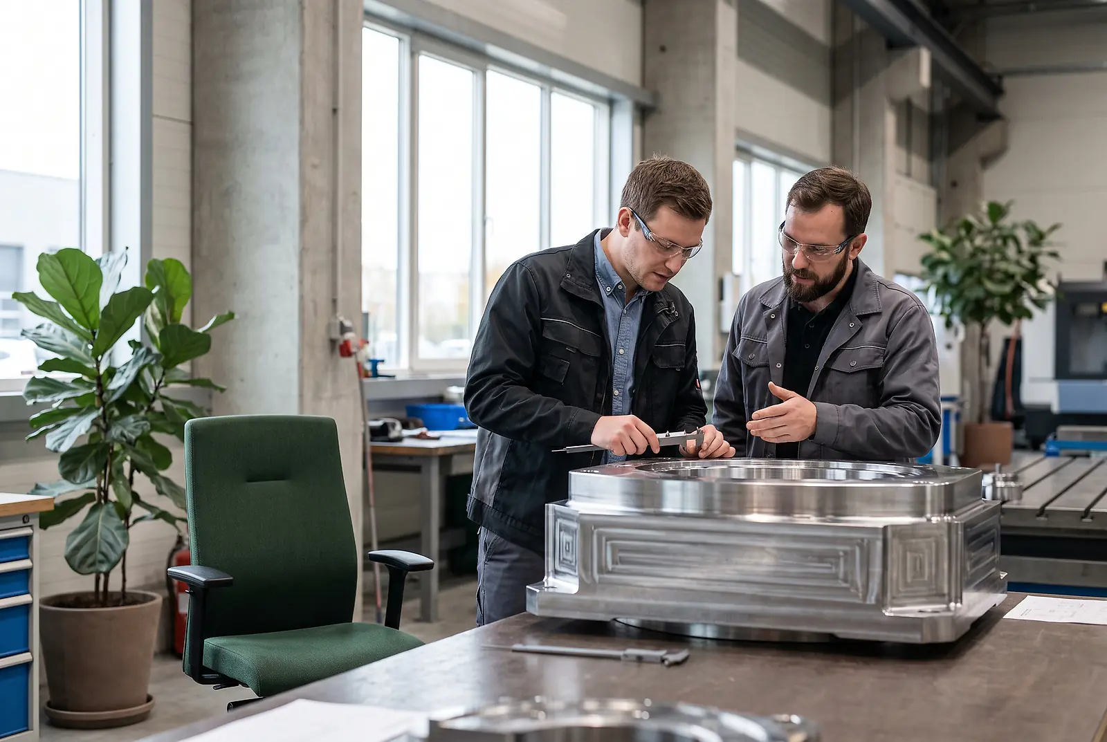 Zwei Ingenieure im Maschinenbau prüfen mit Schutzbrillen ein präzise gefrästes Bauteil in der Werkshalle