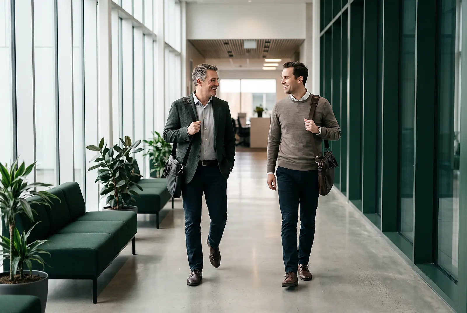 Zwei Mitarbeiter im Business-Casual-Look gehen im Gespräch durch den Flur eines städtischen Rathauses