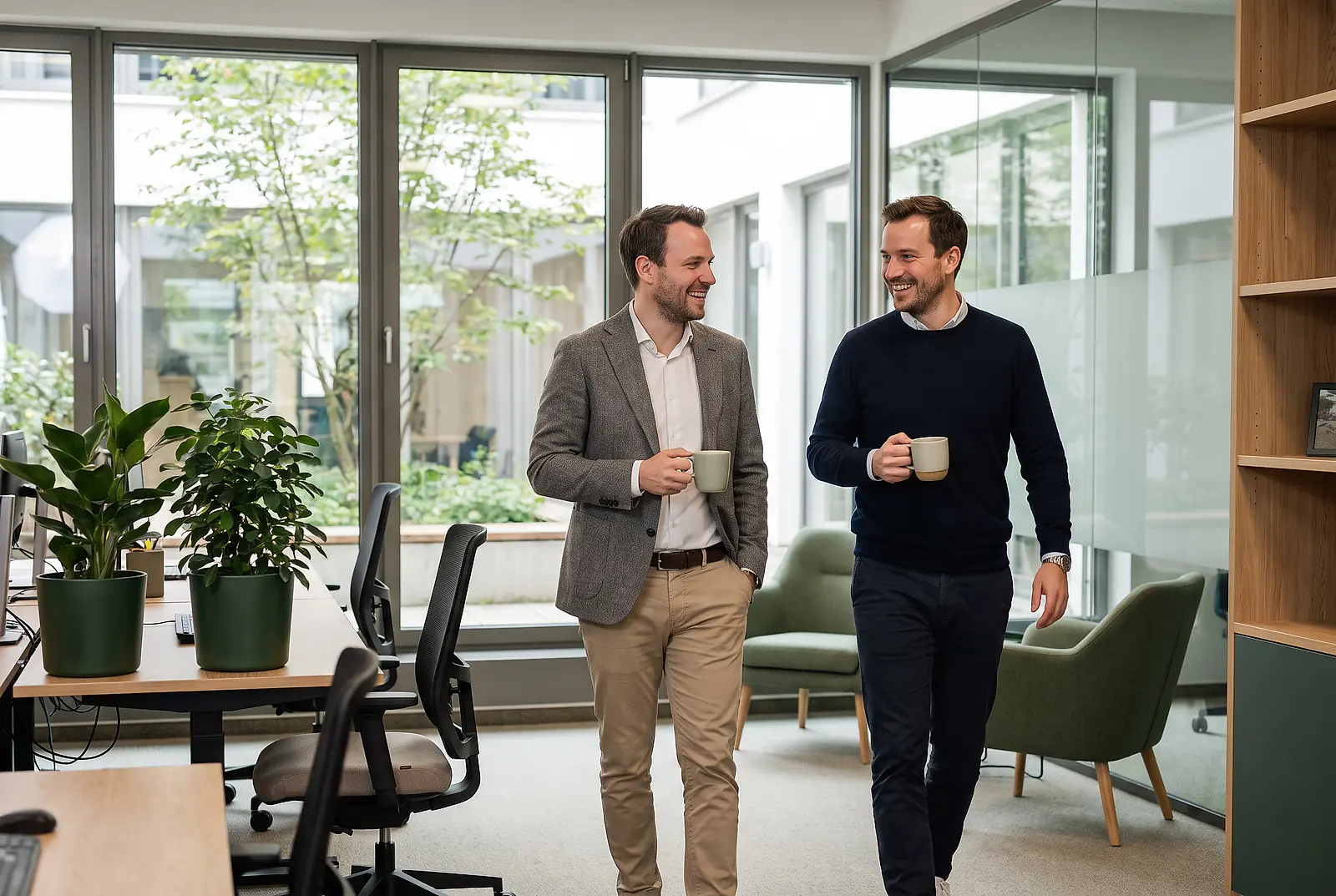 Zwei Kollegen gehen im modernen Büro an ergonomischen Schreibtischen vorbei und sprechen in der Pause