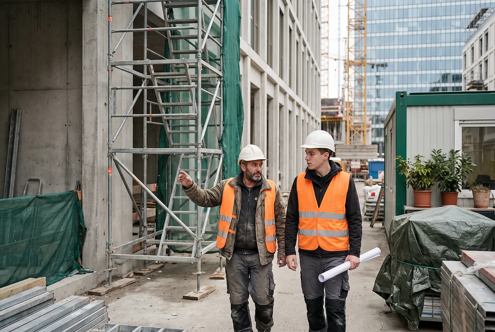 Zwei Bauarbeiter mit Schutzhelmen und Warnwesten laufen an Stahlgerüsten auf einer Baustelle vorbei