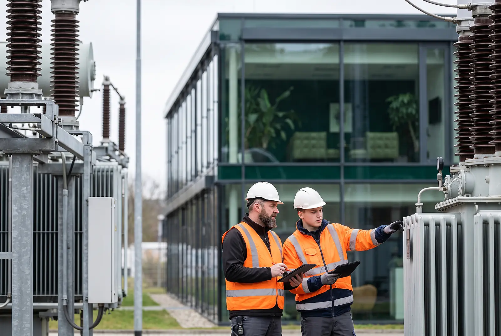 Zwei Techniker mit Helmen und Warnwesten führen Wartungsarbeiten an einem Umspannwerk im Freien durch
