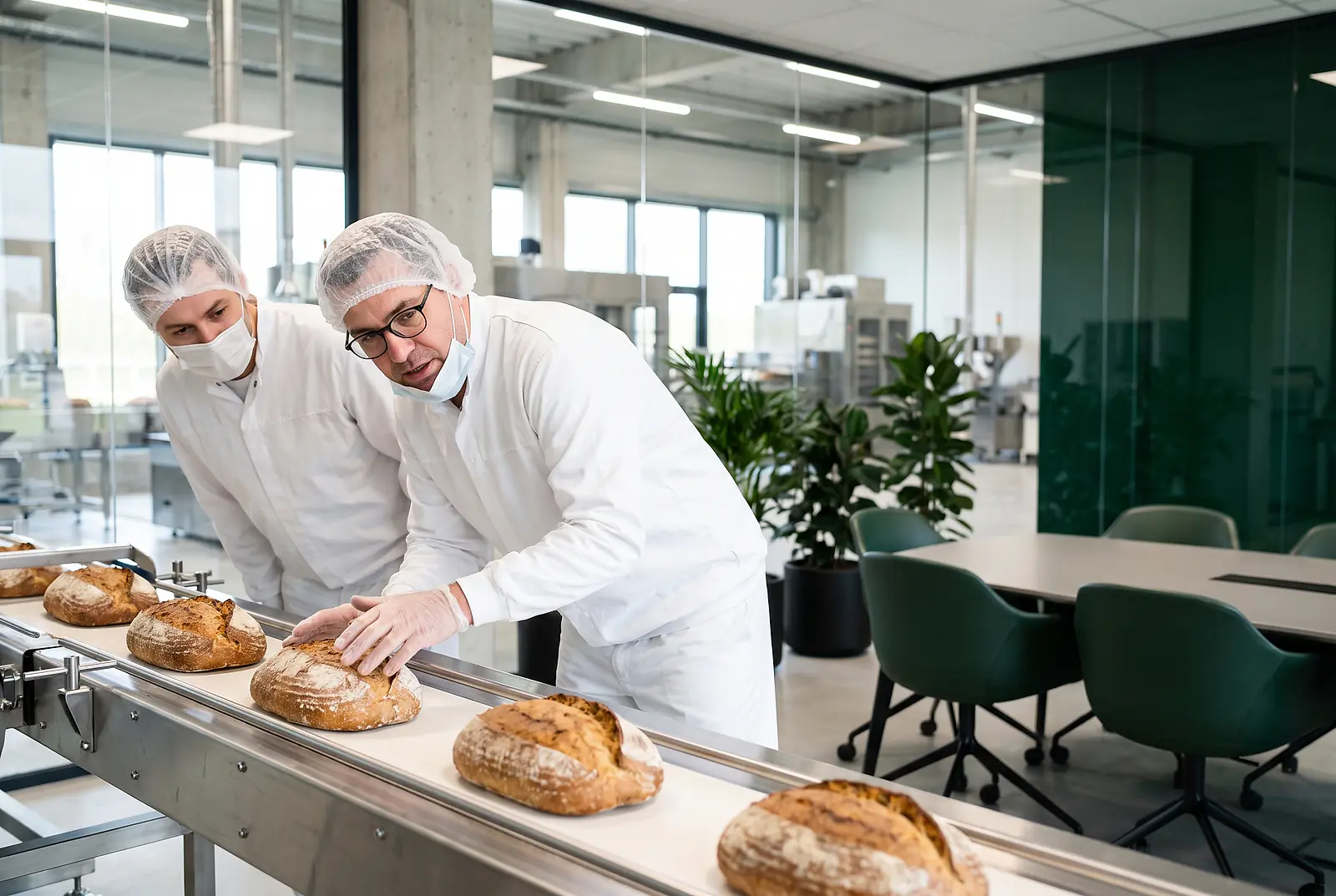 Zwei Fachkräfte in weißer Schutzkleidung prüfen frisches Brot am Förderband eines Lebensmittelbetriebs