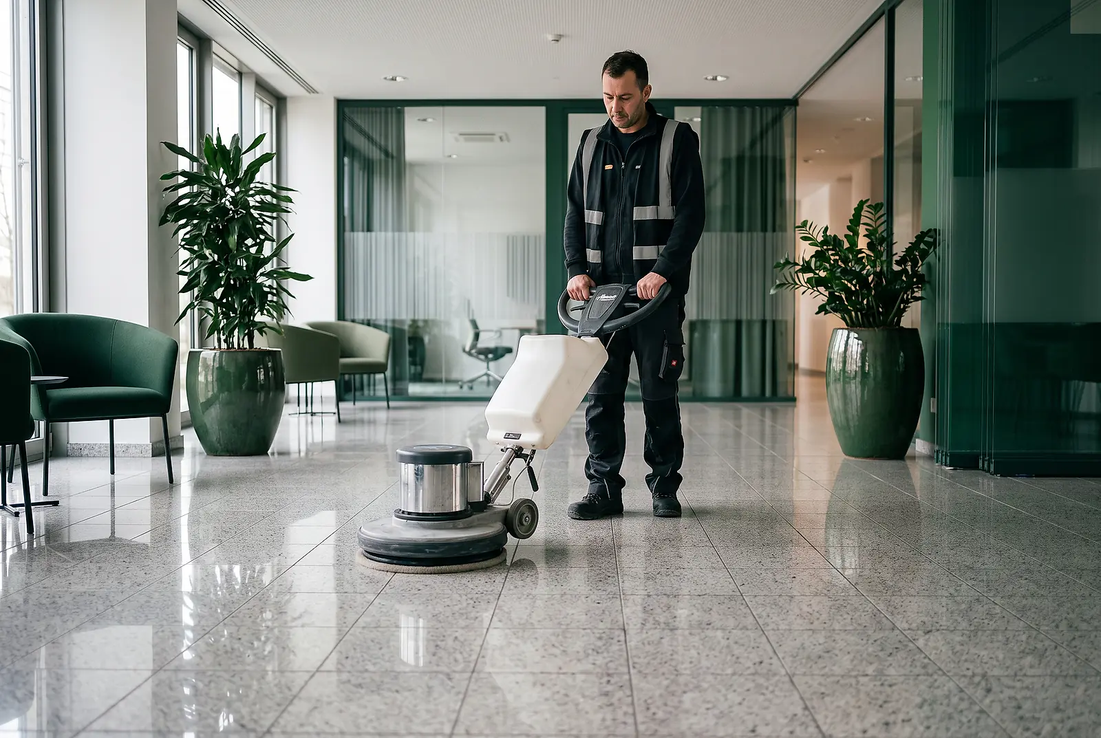 Eine Reinigungskraft bedient eine Bodenpoliermaschine im weitläufigen Foyer eines Bürogebäudes